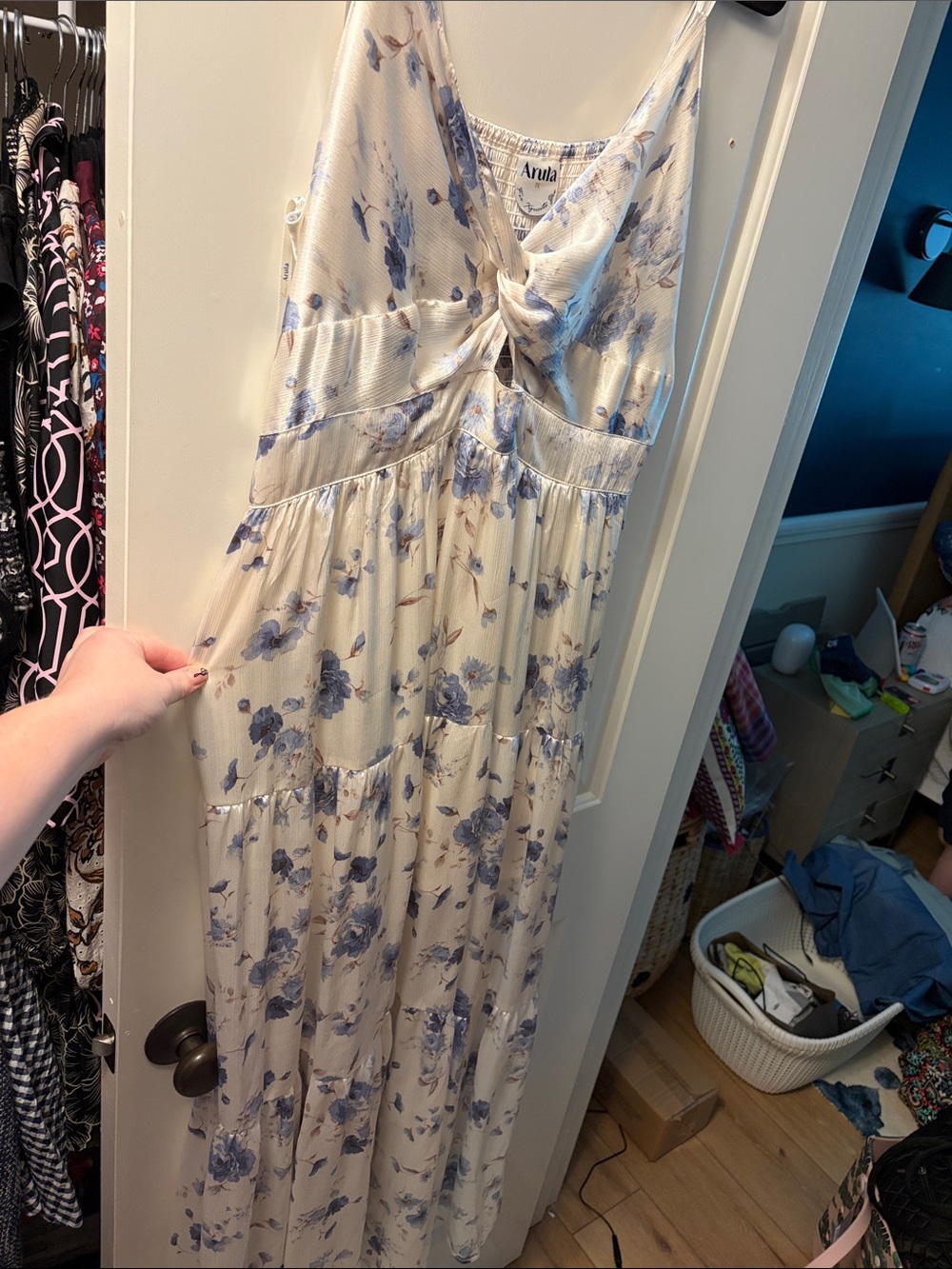 ARULA Cream Maxi Dress with Blue Floral Print